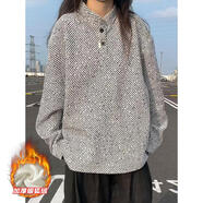 魄克雪尼爾斑馬紋長(cháng)袖t恤男生春秋季老錢(qián)風(fēng)立領(lǐng)polo衫青少年寬松上衣 白灰色加絨 5XL 205-230斤