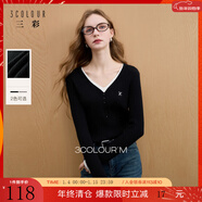 三彩2025冬季新款V領(lǐng)假兩件繡花針織衫絞花肌理長(cháng)袖套頭衫M 經(jīng)典黑 M 160/84A