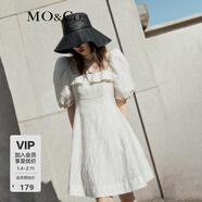 MO&Co.春夏方領(lǐng)泡泡短袖虎紋肌理感連衣裙短裙小黑裙女摩安珂 米白色 XS 155