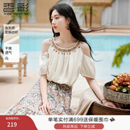 香影度假風(fēng)掛脖露肩上衣女夏2025新款含亞麻釘珠短袖波西米亞小衫 鷺白 S 155/80A/85-95斤
