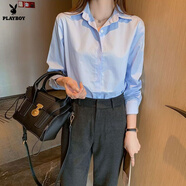 花花公子（PLAYBOY）雪紡女士襯衫女裝2026夏季新款胖mm大碼遮肉顯瘦上衣春季白色襯衣 官方旗艦藍色長(cháng)袖 【暗扣】 L 【建議95-105斤】