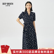 深呼吸DEEP BREATH女裝碎花洋裝泡泡袖系帶連衣裙【附腰帶】8500149 藏藍 M (3)