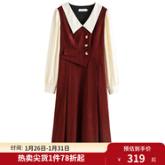 獨束大碼女裝假兩件撞色襯衫領(lǐng)連衣裙女秋冬微胖mm文藝復古穿搭裙子 勃艮第紅【適合160左右】 2XL