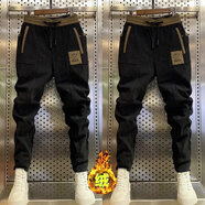 森馬加厚燈芯絨休閑褲男士秋冬季新款潮牌設計感修身運動(dòng)束腳哈倫褲男 黑色【兩件裝】 加絨 35