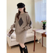 FHHUABD2026秋冬女裝歐美風(fēng)菱形提花圓領(lǐng)套頭針織毛衣半身裙兩件套裝 卡其色【版】 S 建議70-95斤