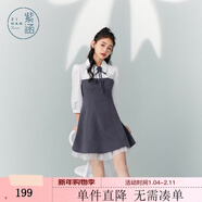 紫涵（ZIHAN）紫涵假兩件襯衫領(lǐng)連衣裙女秋季收腰顯瘦七分袖網(wǎng)紗短裙子 深灰 XL