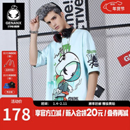 閃電潮牌（GENANX）太空棉夏季T恤男嘻哈情侶裝寬松字母印花動(dòng)漫五分袖潮流短袖 粉綠色 L