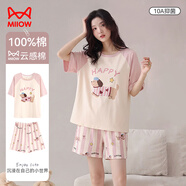 貓人（MiiOW）睡衣女純棉10A抗菌帶胸墊夏季薄款短袖短褲卡通甜美家居服粉色L