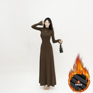 【有加絨】喇叭袖長(cháng)款半高領(lǐng)冬季連衣裙打底顯瘦法式氣質(zhì)大擺裙 咖色加長(cháng)款【建議165以上的穿】（薄絨） S  80-100