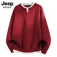 JEEP SPIRIT吉普假兩件毛衣男秋冬季潮流亨利領(lǐng)針織衫男裝 紅色 XL