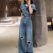 馨悠潔韓系大碼破洞牛仔連體褲女夏高腰顯瘦短袖 藍色連體牛仔褲 S
