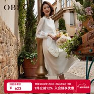 OBEG歐碧倩法式清透白色連衣裙秋萊賽爾蕾絲長(cháng)裙50483501 白色 XL /175/42