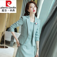 皮爾卡丹高檔品牌女裝小香風套裝女秋冬職業(yè)裝毛呢西裝秋裝2022新款感兩件套套裝裙冬季顯瘦 藍色外套+藍色連衣裙 XL
