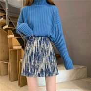 大碼扎染半身裙春夏高腰a字裙復古設計感短裙小眾水墨印花包臀裙 藍色帶防走光安全褲 M M90-100斤