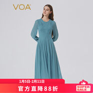 VOA100%真絲喬其圓領(lǐng)長(cháng)袖褶皺塔克褶親膚柔軟簡(jiǎn)約大擺連衣裙 AE1190 浣溪紗-冰藍（A94） L