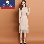 啄木鳥(niǎo)（TUCANO）加絨加厚針織連衣裙女中長(cháng)款過(guò)膝長(cháng)裙秋冬韓版長(cháng)袖蕾絲打底毛衣裙 杏色 S 建議85-95斤