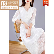莫代爾 重工連衣裙女夏感2026年新款法式V領(lǐng)顯瘦氣質(zhì)長(cháng)裙 白色 XL 建議115-130斤