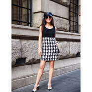 BLACKNINI/英國面料棋盤(pán)格拼接無(wú)袖連衣裙（兩色） 黑白格紋 L