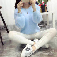 女生秋冬裝韓版寬松仿水貂絨針織打底衫馬海毛加厚圓領(lǐng)套頭毛衣女 湖藍色 S S80-95斤