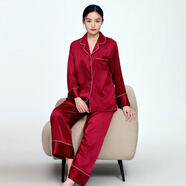 絲界商場(chǎng)同款真絲睡衣女純色極簡(jiǎn)翻領(lǐng)家居服輕奢睡衣套裝節日禮物禮盒 雙層喇叭袖口-酒紅 M