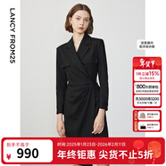 朗姿設計感ol風(fēng)氣質(zhì)顯瘦西裝裙冬季新款法式長(cháng)袖高級感連衣裙 黑色2 M