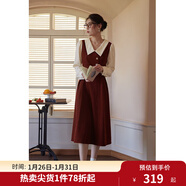 獨束大碼女裝假兩件撞色襯衫領(lǐng)連衣裙女秋冬微胖mm文藝復古穿搭裙子 勃艮第紅【適合165左右】 3XL