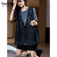塔馳密司（touchmiss）時(shí)尚蕾絲兩件套t恤女春夏歐洲站短袖上衣2025年新款大碼女裝 霧霾藍 XL 【125-140斤】