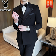 花花公子（PLAYBOY）新郎西裝男套裝結婚高級感塔士多禮服韓版商務(wù)休閑雙排扣西服外套 TZ916黑色（西裝+馬甲+西褲） 送白襯衫-領(lǐng)帶 M 建議體重100-115斤