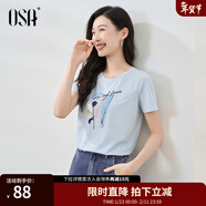 歐莎（OSA）白色女士短袖T恤2025夏裝新款時(shí)尚流行修身顯瘦印花正肩上衣體恤 淺藍色 S