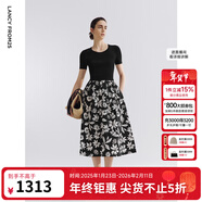 朗姿雙色針織拼接撞色印花連衣裙2025年夏季新款a字高腰碎花裙 夜幕黑色 M