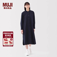 MUJI女式 水洗 平紋 立領(lǐng)長(cháng)袖連衣裙女裝裙子25年春季連身裙 襯衫裙 深藏青色 M （160/84A）