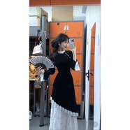 凌茜墨染中式包臀連衣裙女冬蕾絲拼接假兩件旗袍長(cháng)裙新年紅色戰袍 圖片色 M