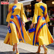 金屢燕衣女士時(shí)尚優(yōu)雅撞色藝術(shù)印花連衣裙喇叭袖大擺長(cháng)裙跨境歐美風(fēng)女裝 黃色 S