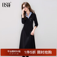 歐莎莎假兩件翻領(lǐng)長(cháng)袖連衣裙女2025秋季新款高智風(fēng)收腰顯瘦長(cháng)裙 黑色 S