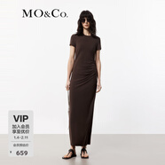 MO&Co.連衣裙春夏彈力莫代爾精裁短袖正肩捏褶收腰設計感長(cháng)裙摩安珂 深咖啡色 S 160