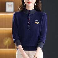 【新年新氣象】半高領(lǐng)撞色針織衫女紐扣裝飾打底衫百搭顯瘦洋氣 藏青色 2XL 125-135斤