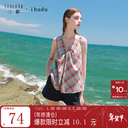 三彩2025秋季新款格紋小衫無(wú)袖解構扭結上衣寬松女 磚紅色格紋 S 155/80A