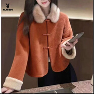 花花公子（PLAYBOY）春款感新中式國風(fēng)短外套保暖帶毛領(lǐng)寬松斗篷毛呢唐裝百搭上衣 官方旗艦桔紅色 M 建議【90-110斤】