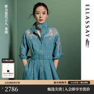 歌力思（ELLASSAY）【童瑤同款】25春夏新款棉亞麻復古丹寧風(fēng)拼接蕾絲牛仔連衣裙子女 牛仔藍 L
