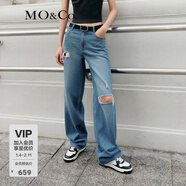 MO&Co.牛仔褲中低腰寬松及地直筒手工破洞毛邊復古洗水棉質(zhì)摩安珂 牛仔藍色-第2批 L 28