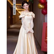 小紅書(shū)緞面伴娘服2025新款冬裝輕奢小眾感伴娘團晚禮服裙 香檳色C中長(cháng)款到小腿肚 XS 80斤左右