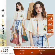 兩三事梵高文藝 弦外智音 2025夏季新款彩繩綁帶領(lǐng)印花短袖t恤女 米杏色 S