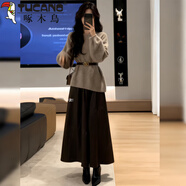 啄木鳥(niǎo)（TUCANO）冬季一整套穿搭感輕熟風(fēng)針織毛衣中長(cháng)款半身裙顯瘦氣質(zhì)兩件套 咖色皮半裙 S