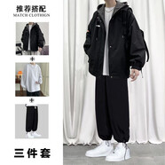gxmy假兩件外套男春秋男裝工裝ins夾克連帽情侶搭配一套帥氣潮衣服男 JK02黑色+百搭白T+K200黑色【三件套】 XL 【120-140斤】