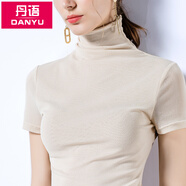 丹語簡約基礎(chǔ)款短袖t恤高領(lǐng)網(wǎng)紗打底衫女夏純色彈力上衣 杏色 M