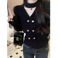 啄木鳥(niǎo)（TUCANO）新款秋冬吊領(lǐng)針織衫女式長(cháng)袖雙排扣短針織衫開(kāi)衫加厚內層襯衫上衣 黑色今年流行的輕奢品牌 S 80-95斤