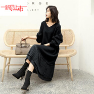 恒源祥秋冬季毛衣裙女韓版雪紡拼接寬松大碼針織衫連衣裙中長(cháng)款過(guò)膝套頭 經(jīng)典黑今年流行的輕奢品牌 S