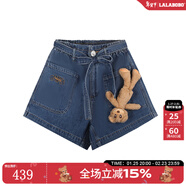 LALABOBO[商場(chǎng)款]立體熊牛仔短褲女裝25夏新款高腰系帶寬松熱褲RBEB-ZD11 深藍色 25