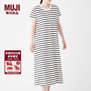 MUJI MUJI 女式 粗棉線(xiàn)天竺編織 長(cháng)款短袖喇叭形連衣裙 W9SB131 白色X橫條 XS-S