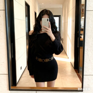 時(shí)尚小眾斜肩長(cháng)袖一字肩純欲修身顯瘦收腰包臀針織連衣裙 黑色（有腰帶） XL